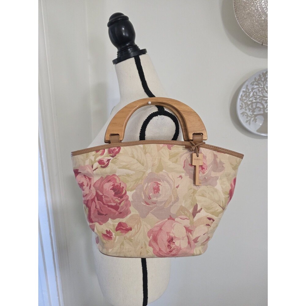 Pretty FOSSIL Floral Roses Print WOOD Handle Handbag Perfect4Summer Purse VguC